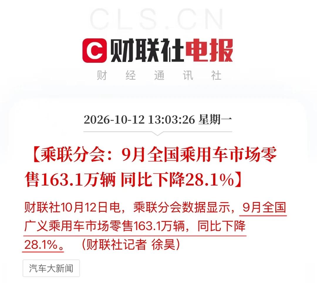 9月全国乘用车市场零售163.1万辆 同比降28%
财联社10月12日电，乘联分