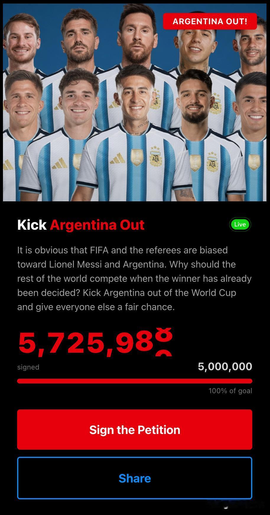 超过570万人请愿将阿根廷逐出世界杯。
“国际足联与裁判明显偏袒Lionel M