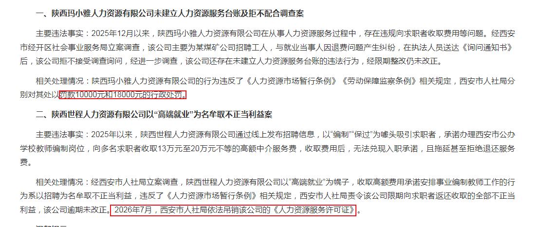 范人力资源市场秩序 依法打击虚假招聘违法行为  西安市人社局公布两起人力资源领域