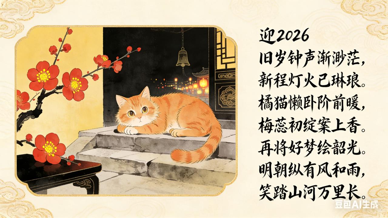迎接2026
 
旧岁钟声渐渺茫，新程灯火已琳琅。
橘猫懒卧阶前暖，梅蕊初绽案上