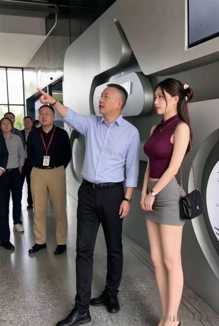 展厅里这位女秘书身姿挺拔，高马尾用白色发饰轻轻束起，一身酒红色紧身无袖上衣搭配浅