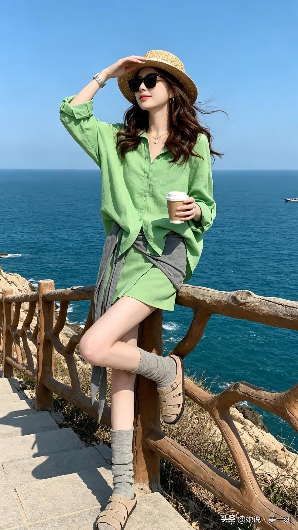 海边度假穿搭指南：绿色衬衫+草帽，轻松自在
