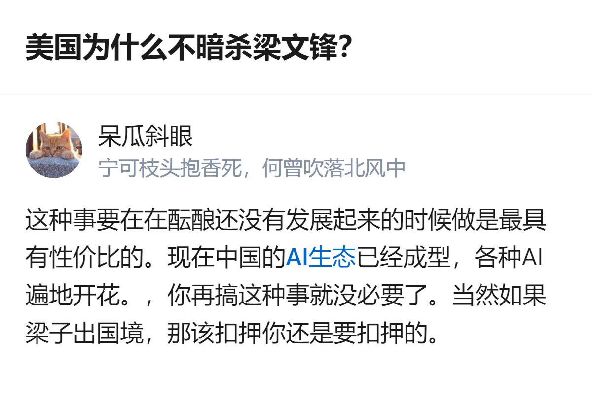 从现有信息看，针对美国是否会对梁文锋采取暗杀行动的问题，相关分析认为，在AI已在