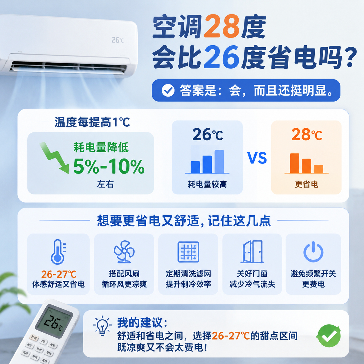空调28度会比26度省电吗 答案是：会，而且还挺明显。很多人以为空调耗电主要看开
