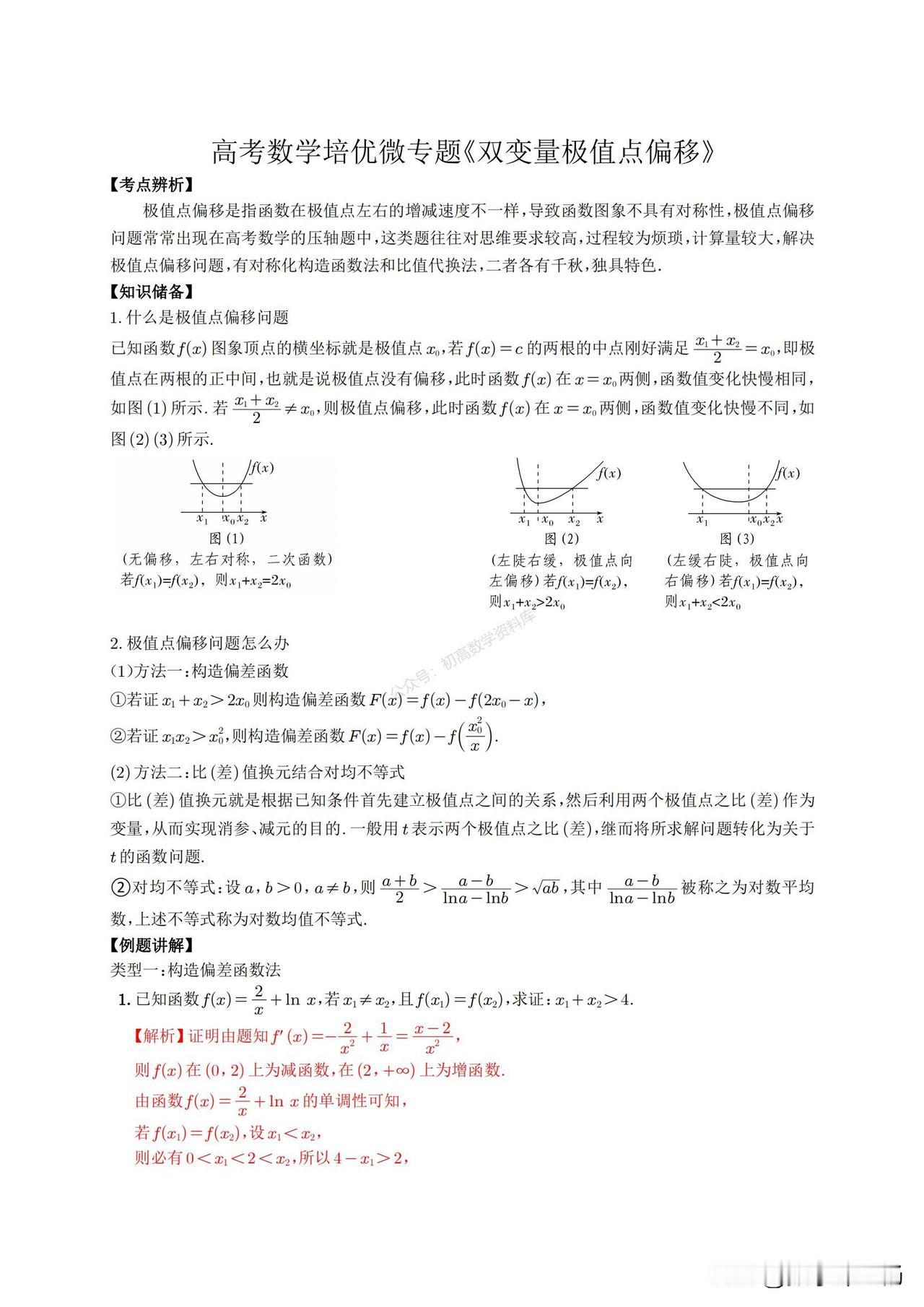 高考数学培优——导数中极值点偏移总结