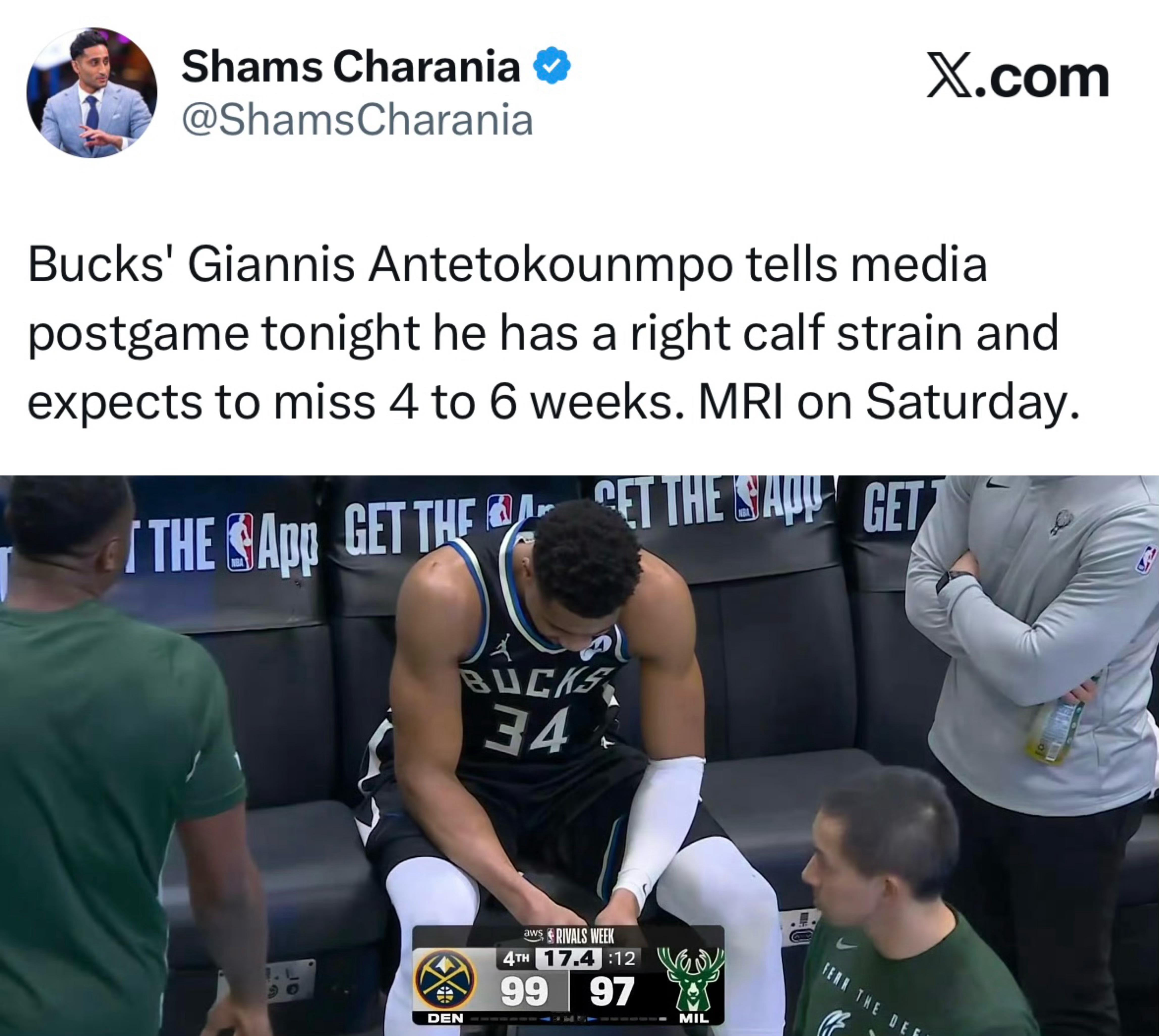 Shams：字母哥在赛后接受媒体采访时表示，他遭遇了右侧小腿拉伤，预计将缺席4到