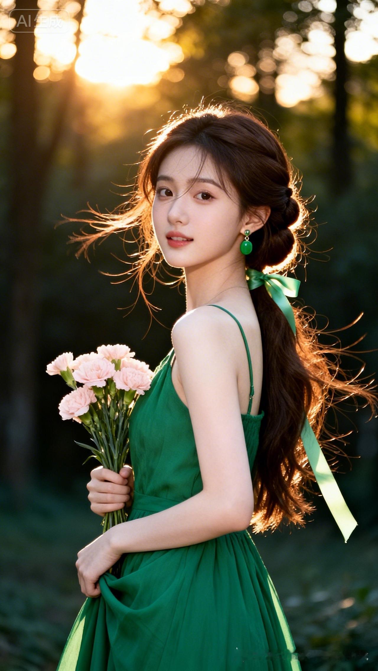 19岁东方少女，深棕盘发光泽飘动，绿耳环配绿吊带裙，持粉花轻握裙摆。黄昏树林逆光
