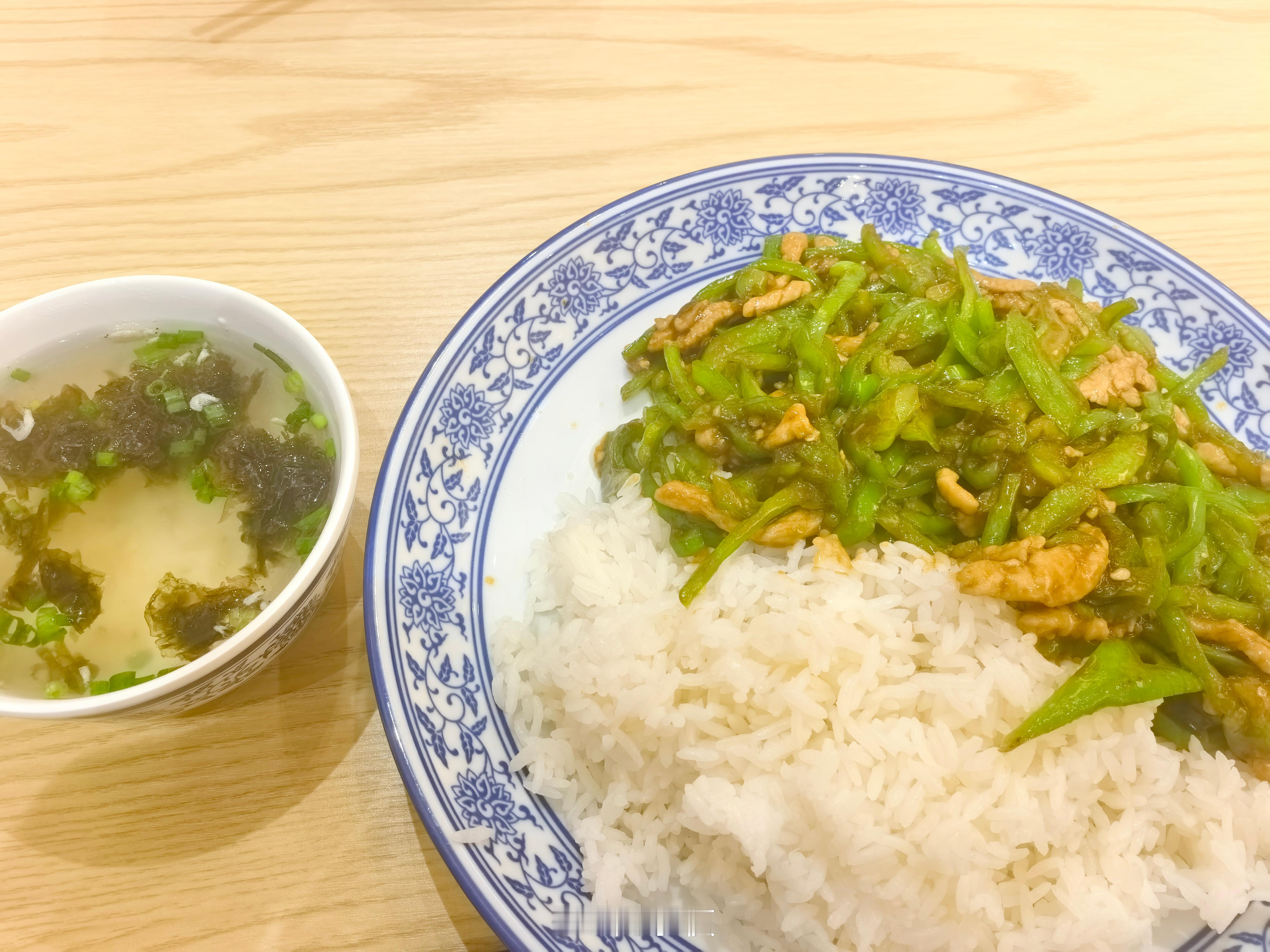 财小夜工作午餐 今天是上海特色，青椒肉丝，饭（理论上拌面更好吃）28块一份，肉丝