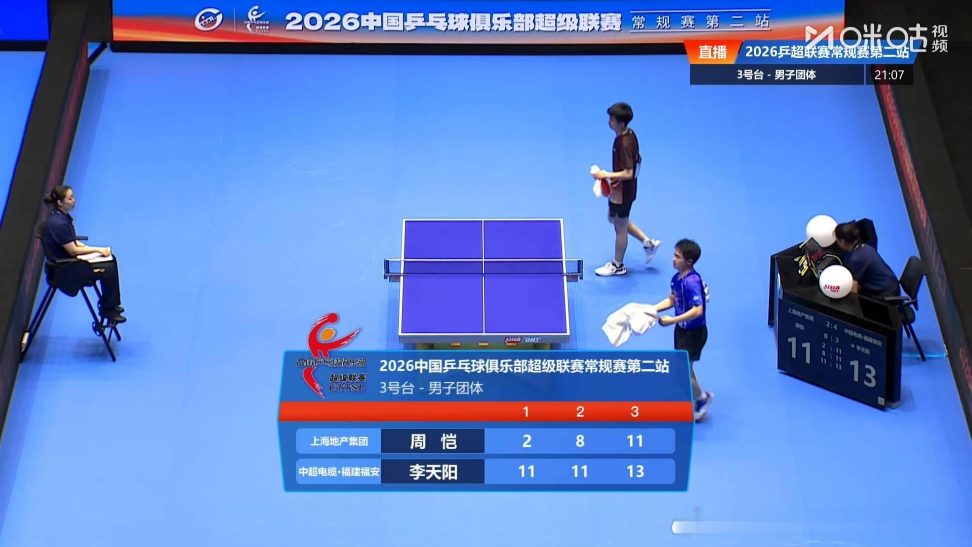 李天阳3比0周恺（2，8，11）第三盘：郑培锋VS林诗栋中超电缆·福建福安四比二