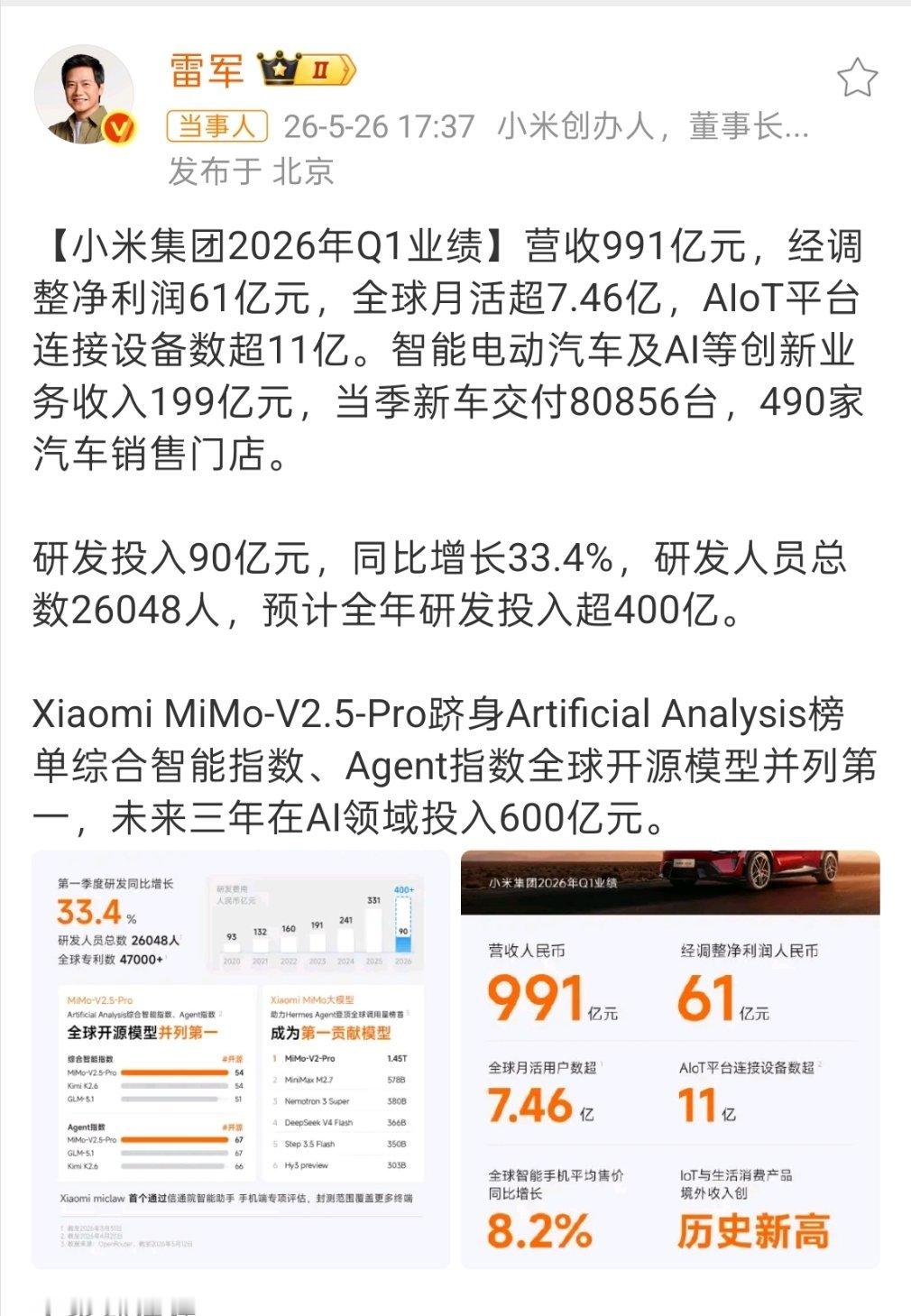 小米一季度净利润60.72亿一季度财报交出满分答卷，小米净利润60.72亿，营收