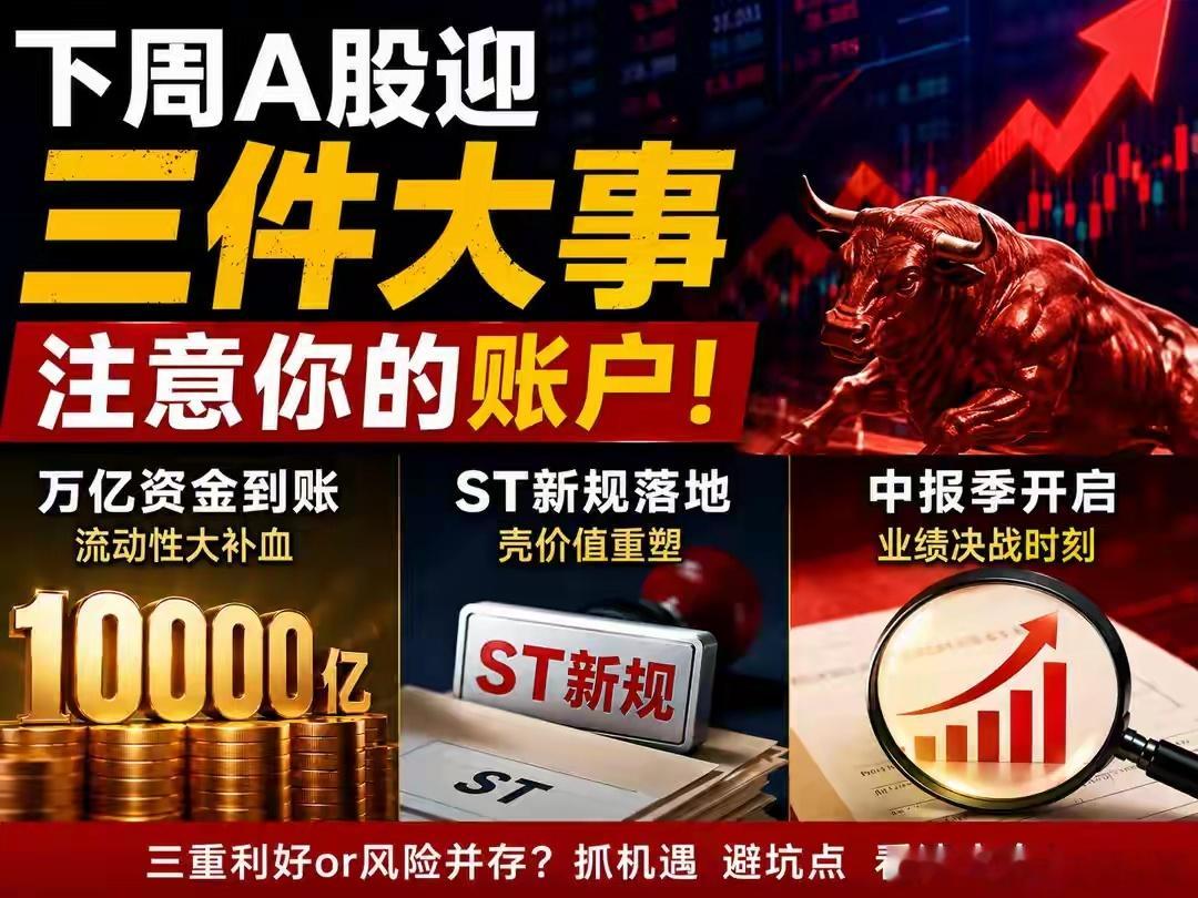 下周A股迎三件大事：万亿资金到账+ST新规+中报季，注意你的账户7月6日（周一）