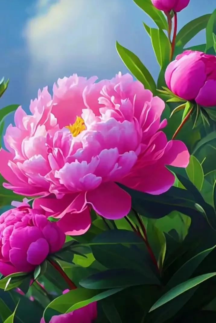 国色天香绽芳华，牡丹花开满园香。雍容华贵映春色，引得众人皆赞赏。花团锦簇如画卷，