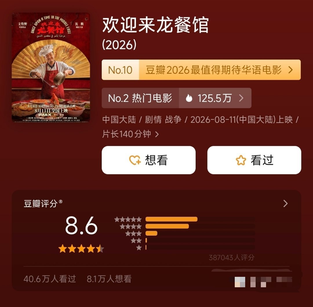 《欢迎来龙餐馆》从8.4分涨到8.6分了 