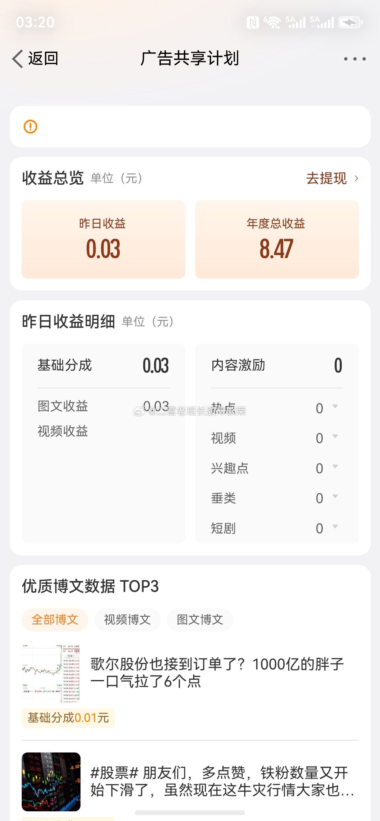 股票财经之星    朋友们，收盘了周末快乐向三万多云股东汇报微博昨天战绩0.03