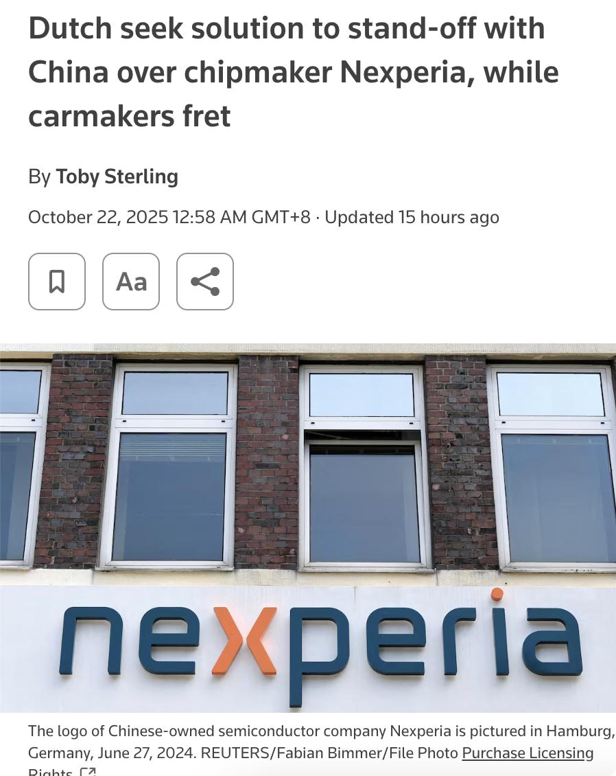 外媒：荷兰经济部长与中国就芯片制造商安世半导体（Nexperia）的僵局进行了对