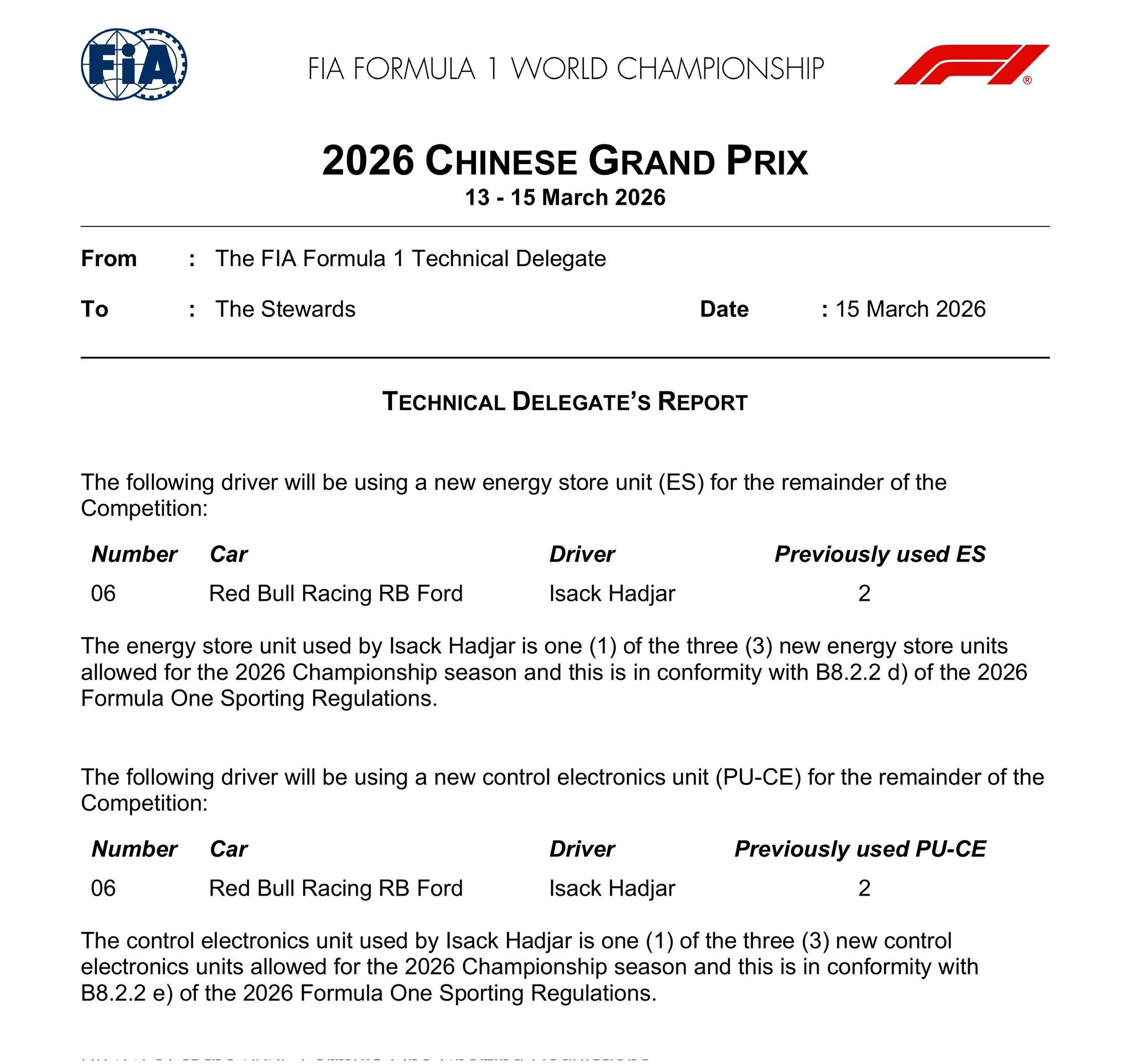 哈贾尔将在中国大奖赛使用全新的能量存储单元（ES）和动力单元控制电子元件（PU-