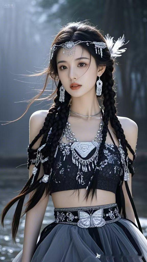 在森林的神秘深处，捕捉到一位仙女般的身影，她的眼眸比最深的夜空还要明亮，她的笑容