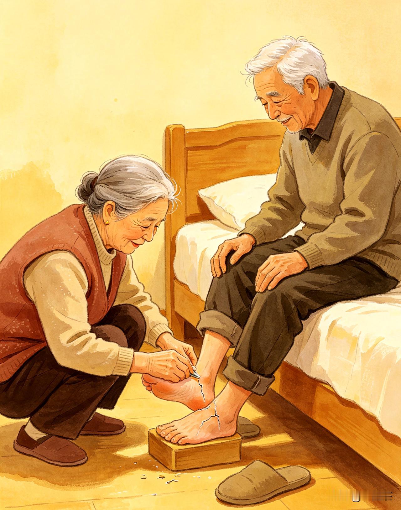 早晨老头刚起床下地，就让我看他的脚后跟，我一看大吃一惊说:“呦，怎么划的一道子一