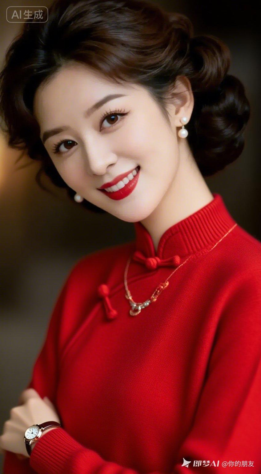 优雅红衣少女，微笑如春日暖阳！