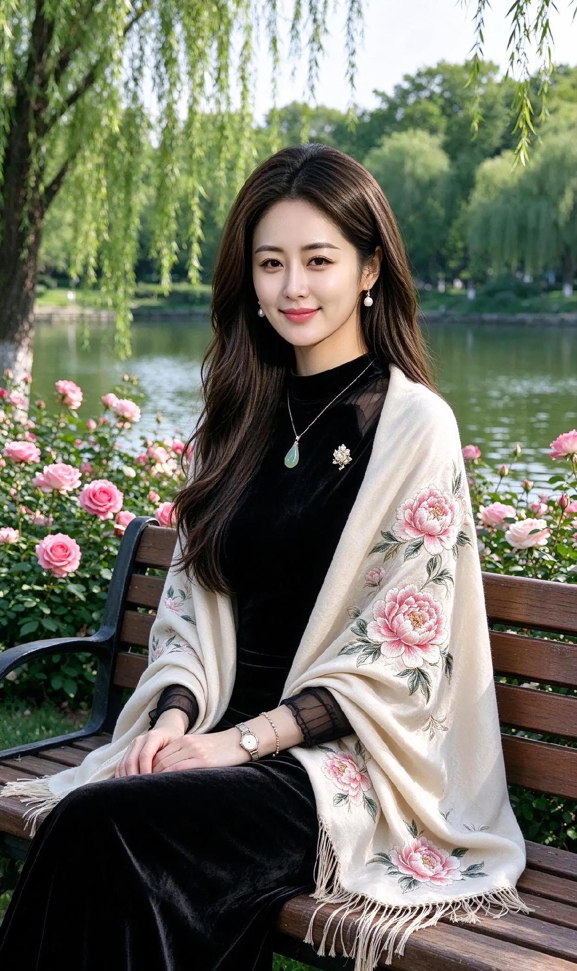 《湖畔花影的温婉》

湖光柳色，晕染初夏的清幽，

木椅静卧，挨着粉玫瑰的温柔。