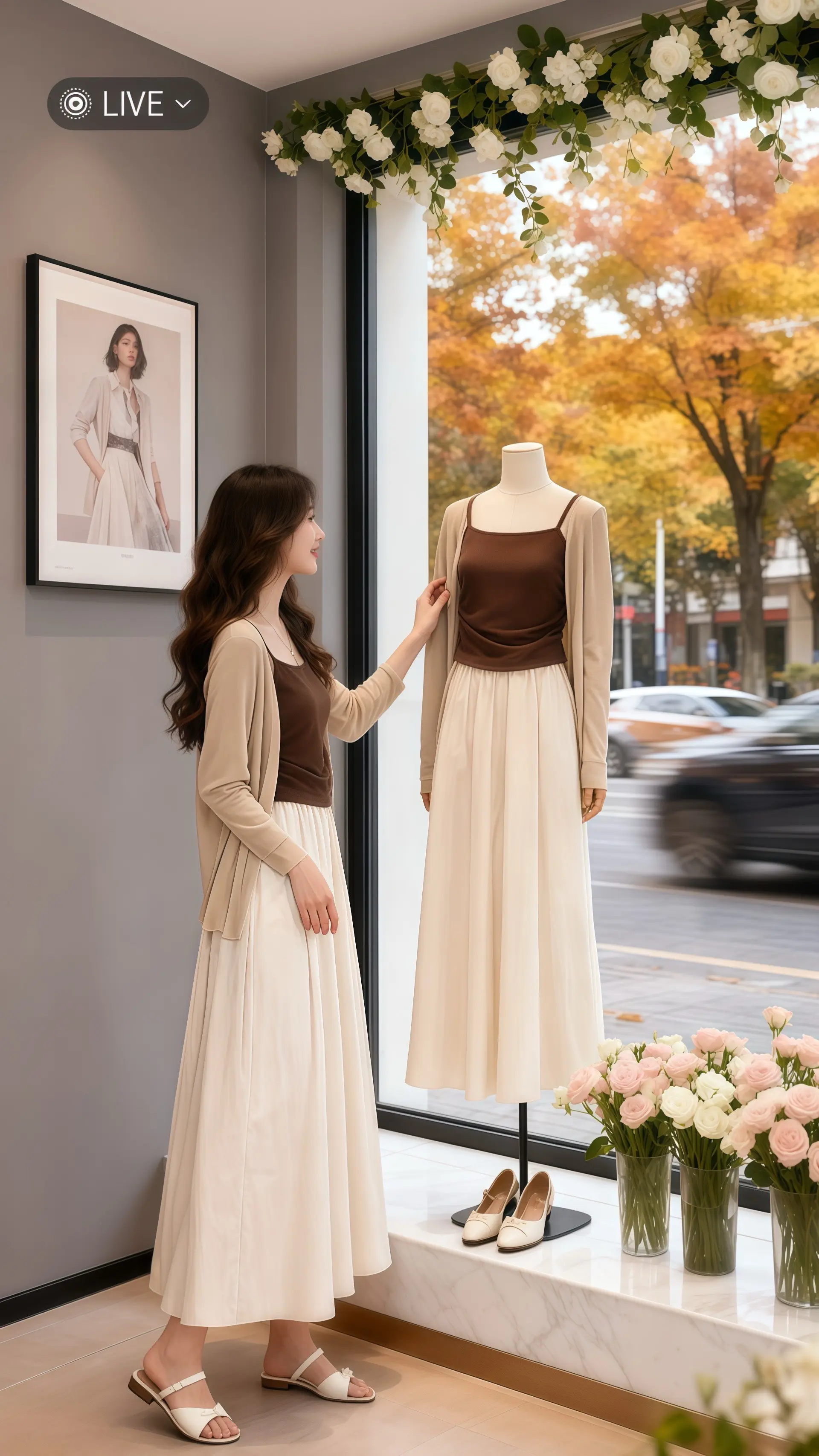 她穿着时尚休闲三件套，开启了与秋天的浪漫邂逅。开衫温柔地搭在肩上，如秋...