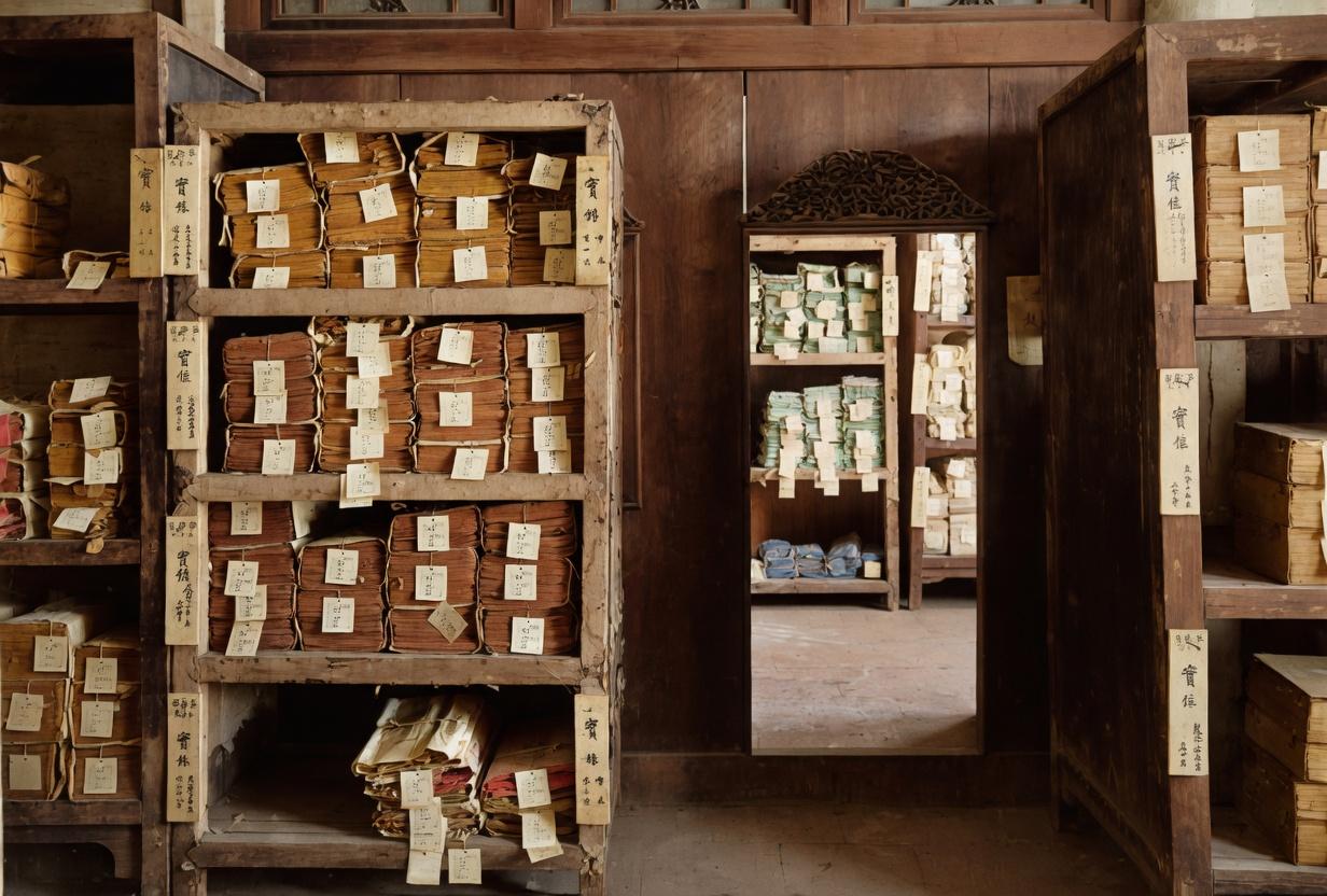 这张照片拍摄于内阁大库的深处，林立的木架上整齐堆叠着一摞摞红绸封皮的古籍，那正是