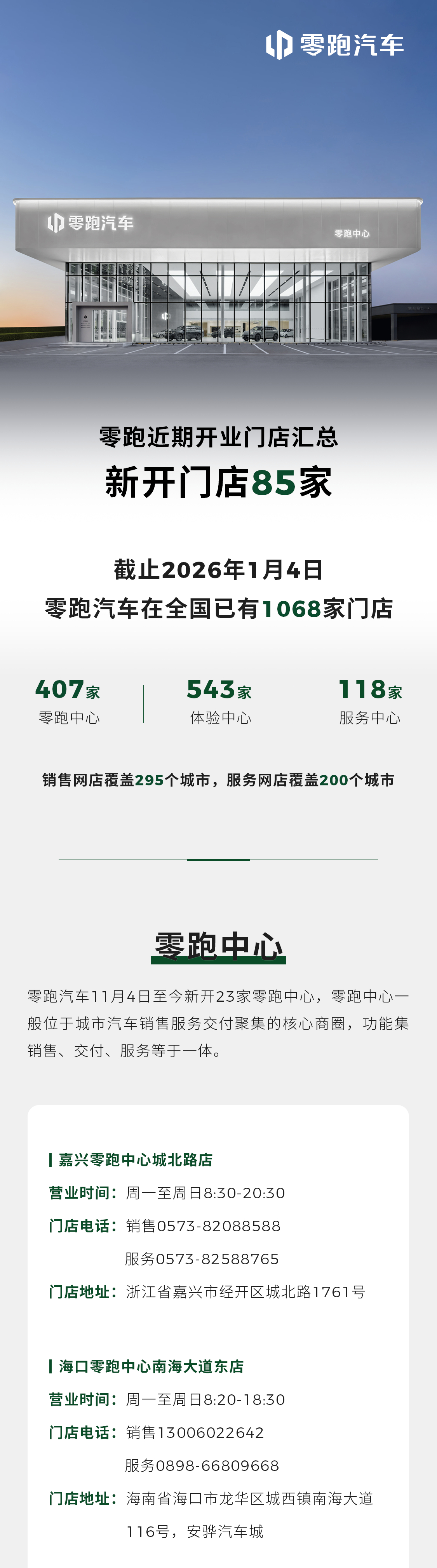 🎉零跑门店网络加速布局✨近期全国门店新增85家，门店总数已达到1068家！🌍