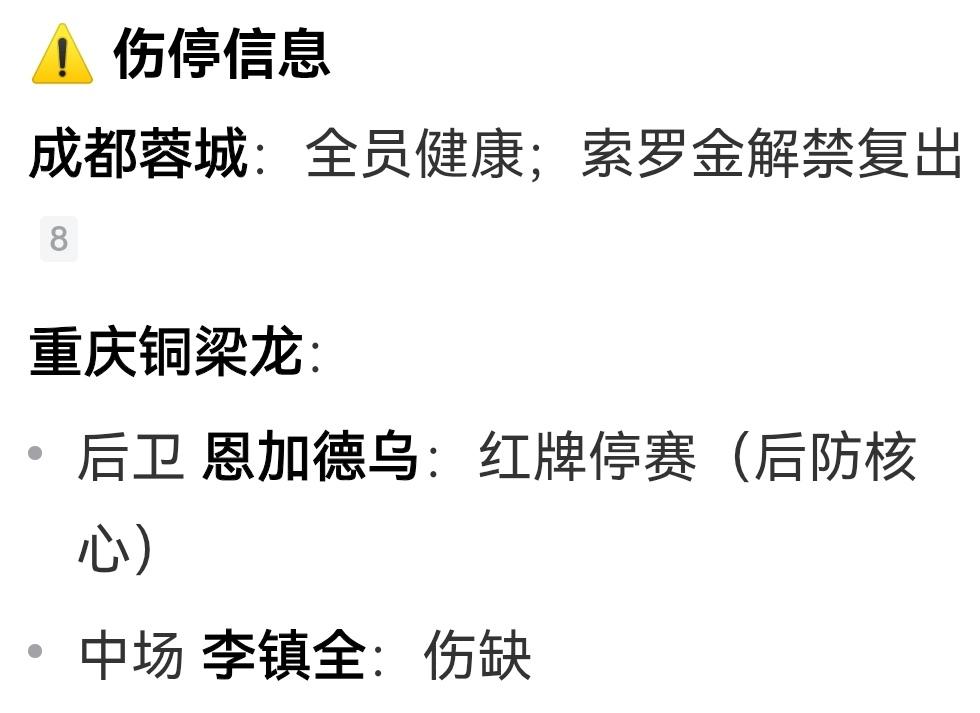 重庆铜梁龙未开战就折两员大将！这样就和蓉城主客场扯平了，联赛第三轮蓉城做客重庆铜