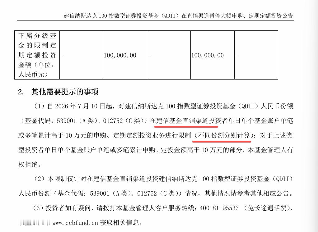 今天，建信基金的建信纳斯达克指数基金，在直销渠道，AC两个份额都是单日限额10万