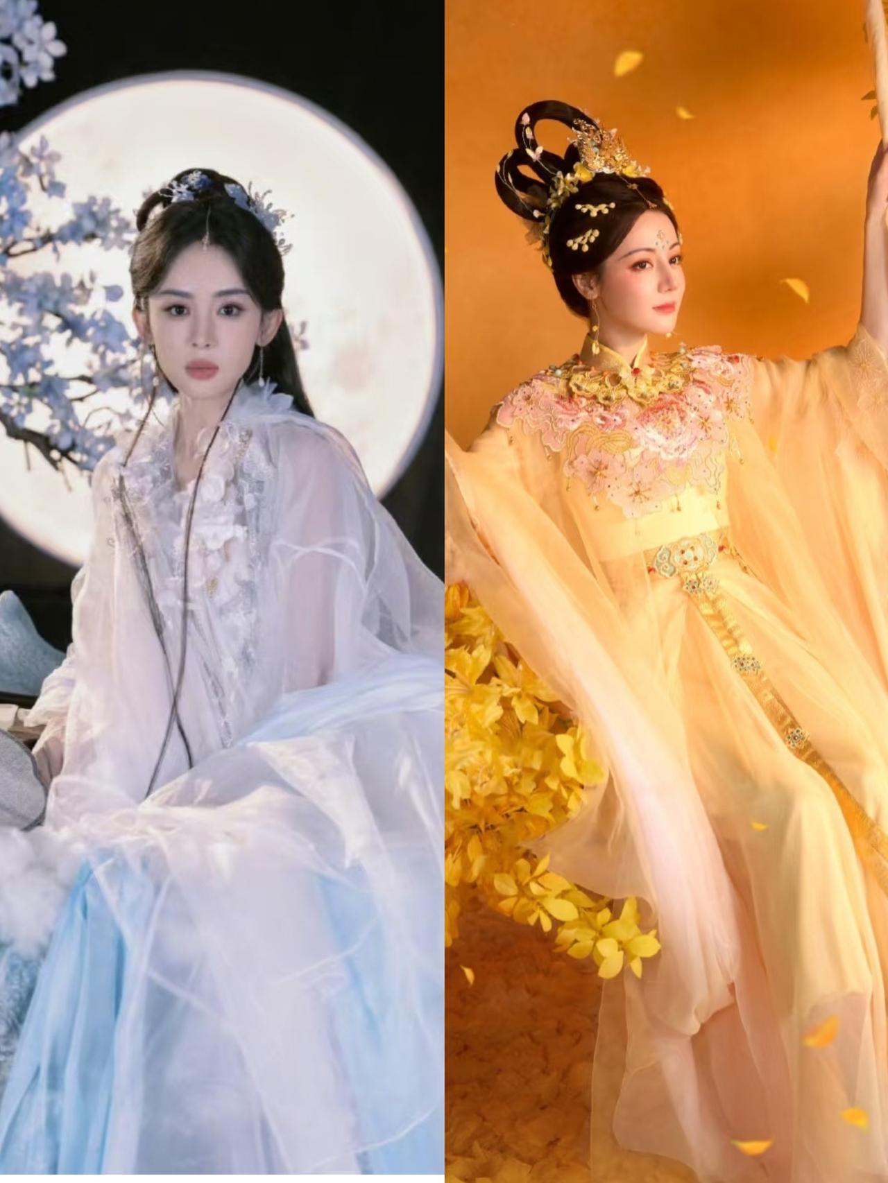 热巴、娜扎同样的嫦娥造型，你们更喜欢哪一个古装呢。

感觉色调不同，迪丽热巴是暖