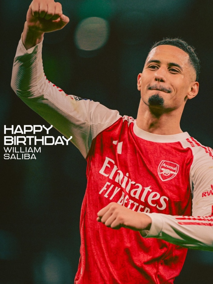 萨利巴迎来25岁生日，阿森纳社媒祝福：生日快乐，萨利巴