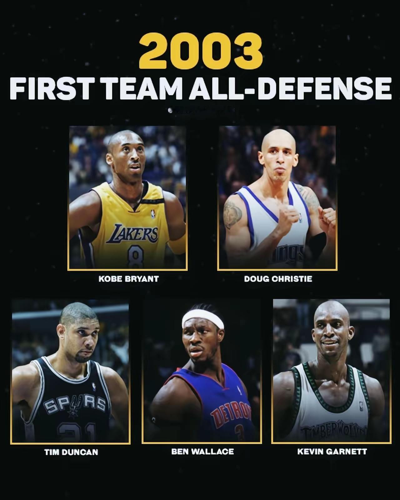 2003年NBA最佳防阵：科比，克里斯蒂，邓肯，大本、加内特！现代篮球崇尚进攻，