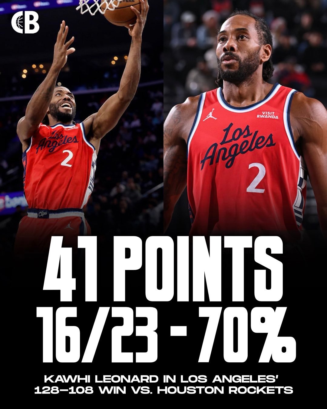 伦纳德在今天对阵火箭的比赛中砍下 43 分 —— 这是他 两年来单场最高得分 —