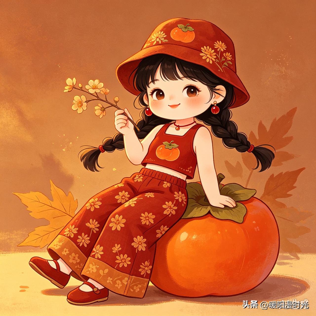 秋意漫染，柿红入怀✨
软乎乎的小姑娘坐在硕大的柿子上，双麻花辫随风轻轻晃动，手里