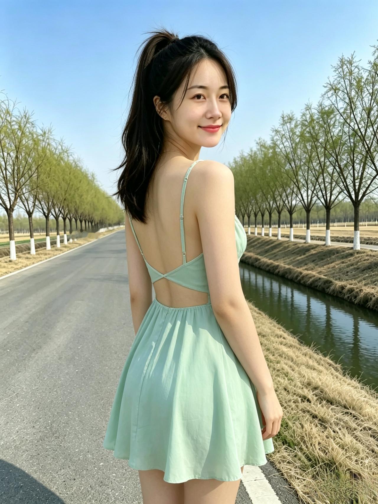 纤腰婉转态悠然，巧制罗裙衬少年。
背转嫣然轻回首，万般明媚落人间。