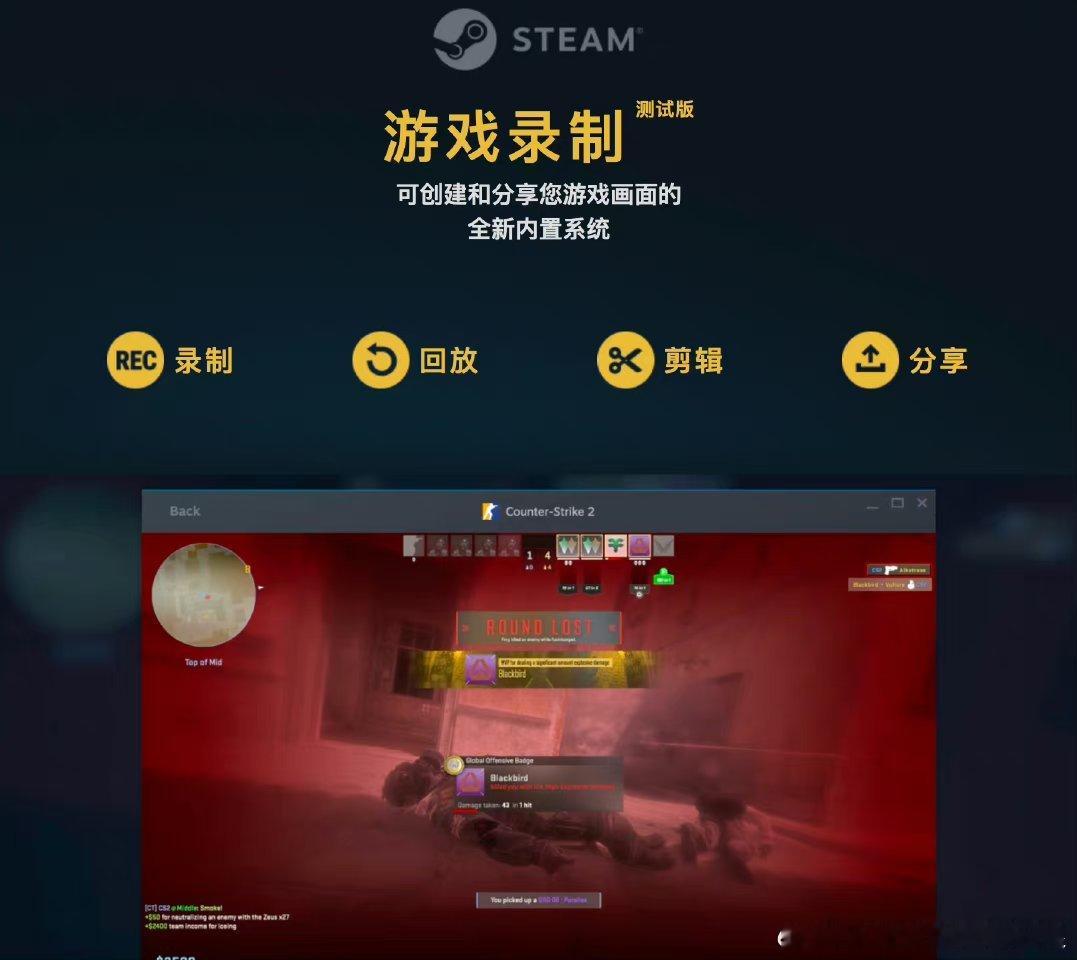 #Steam推出游戏录制功能# 据闻Steam游戏新增录制功能，整合了录制、回放