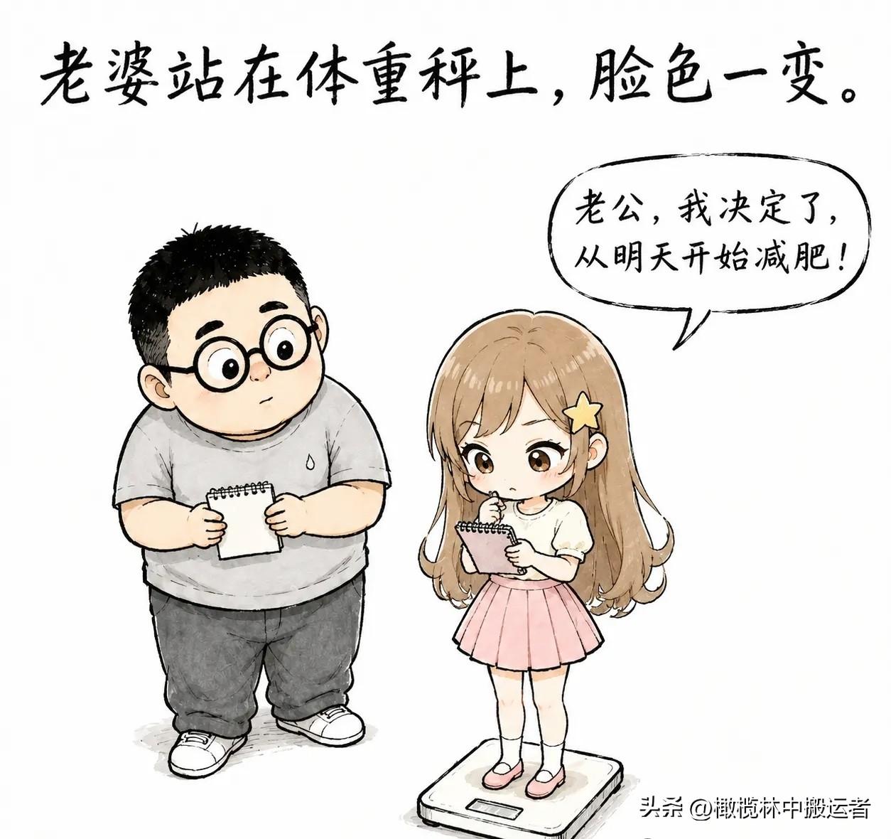趣味漫画：老婆站体重秤上，脸色一变。“老公我决定了，从明天开始减肥！”我问：“那
