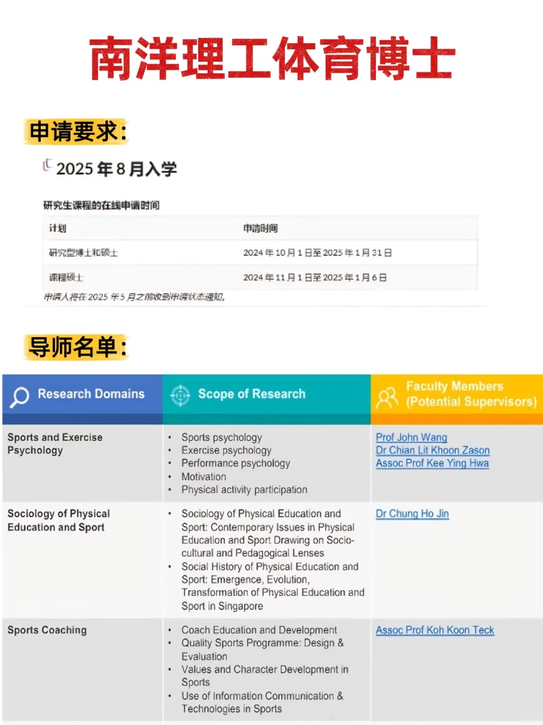 南洋理工体育博士25fall，10月1日开放！