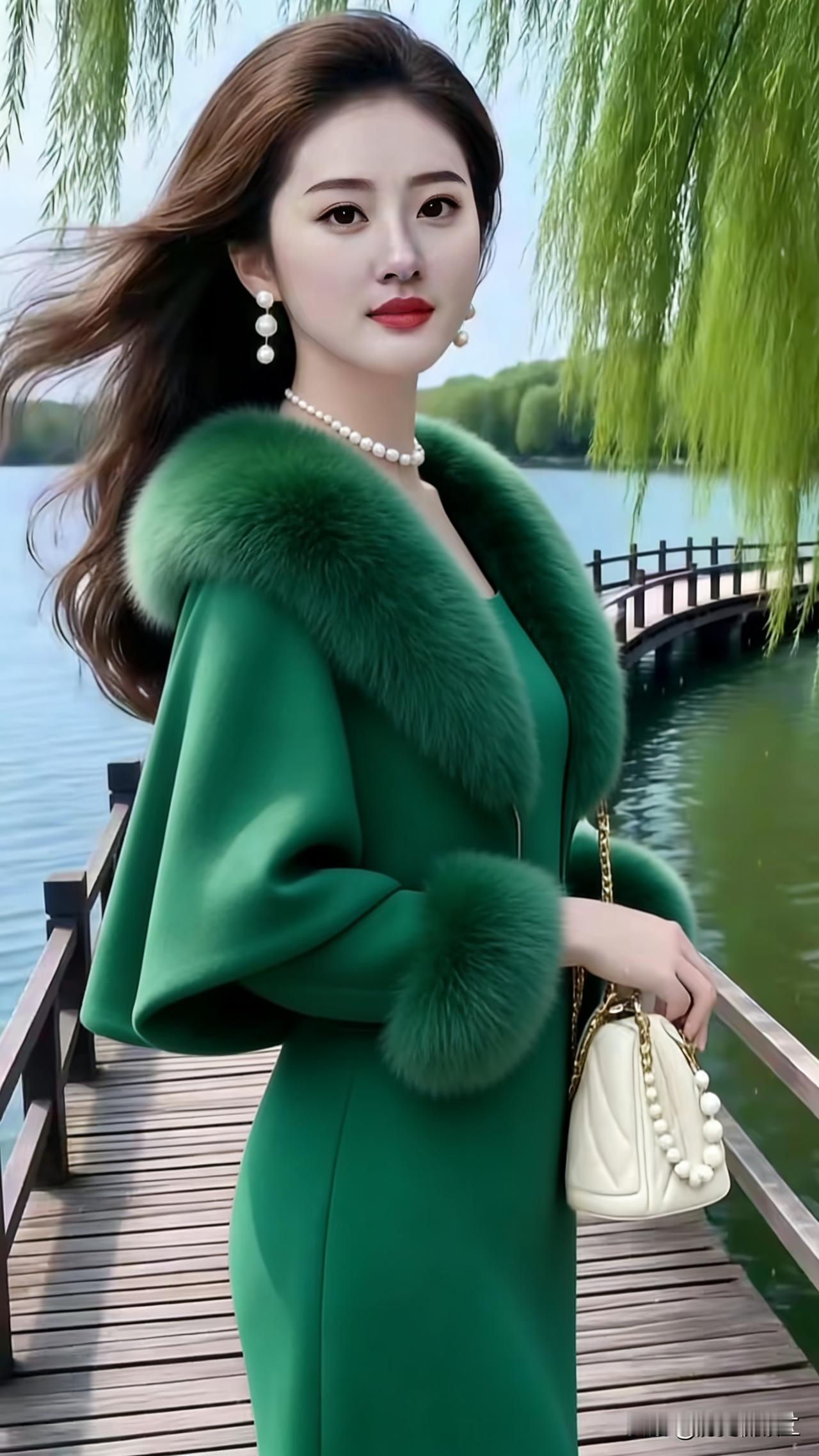 优雅绿衣少女，漫步湖畔木桥，珍珠与毛绒的完美搭配，尽显高贵与温柔。
