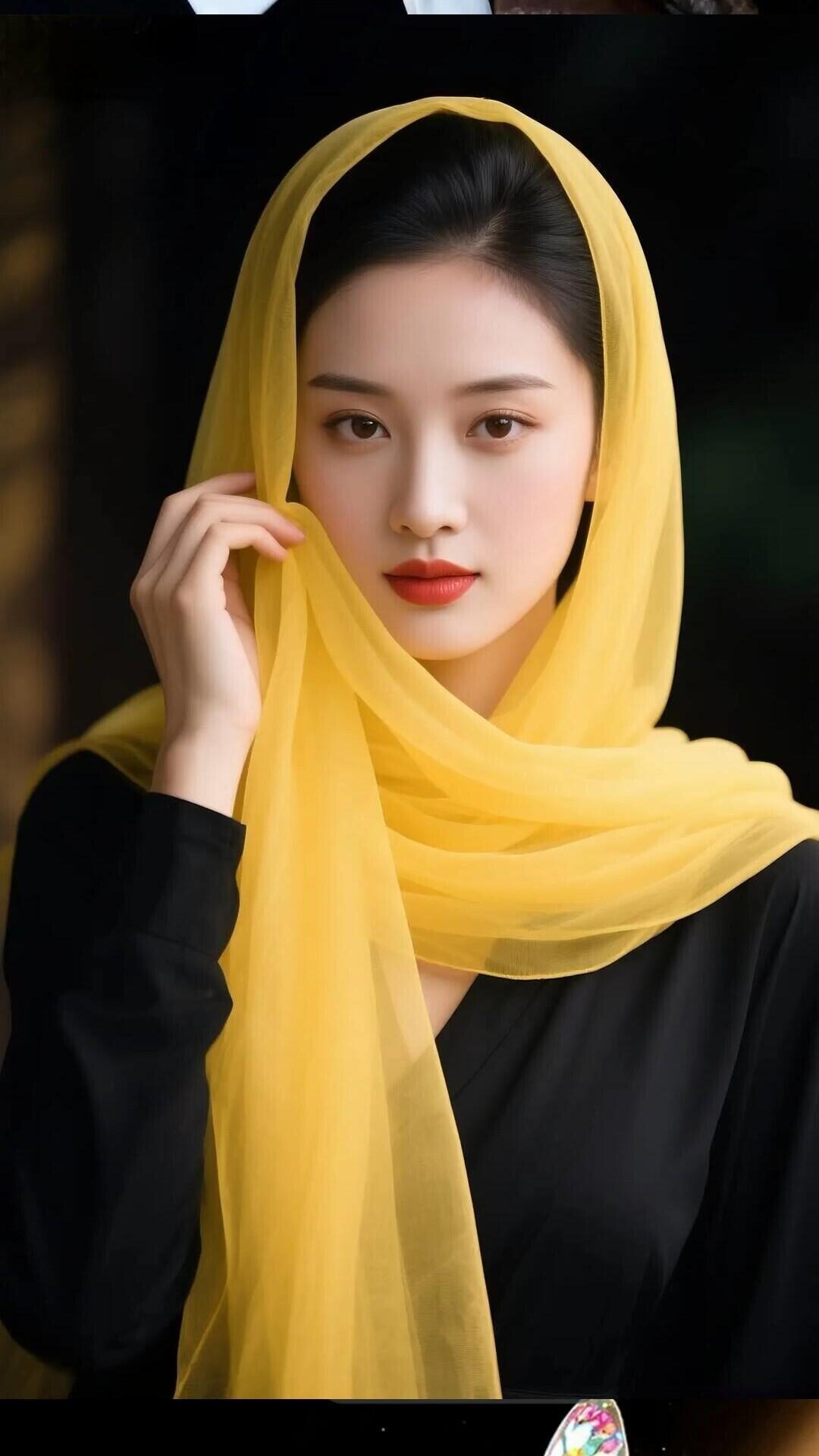优雅黑裙搭配亮黄色头巾，尽显时尚与神秘！