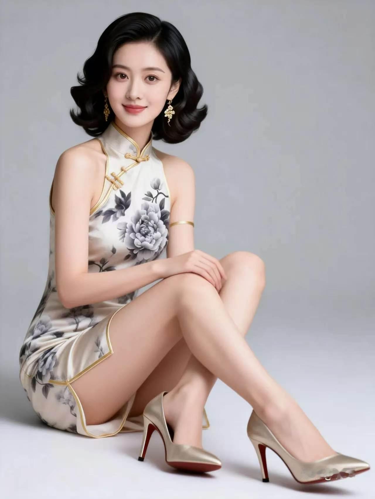 水仙子·职场水墨旗袍
水墨牡丹染素裳，
高开衩步自生香。
无袖立领清雅样。
豆沙