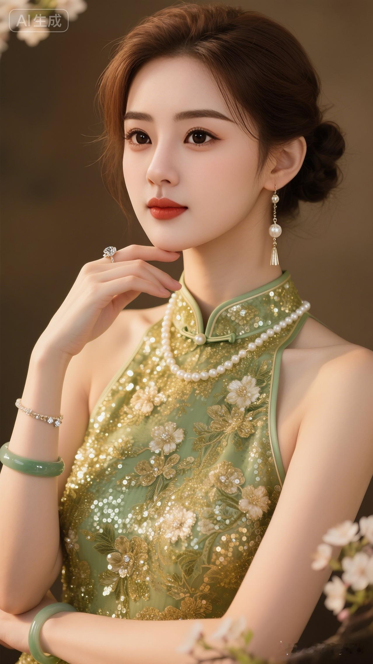 温婉东亚女子棕调低丸子头，肤白眉眼柔和，金绿重工亮片挂脖旗袍，珍珠钻石青玉配饰相