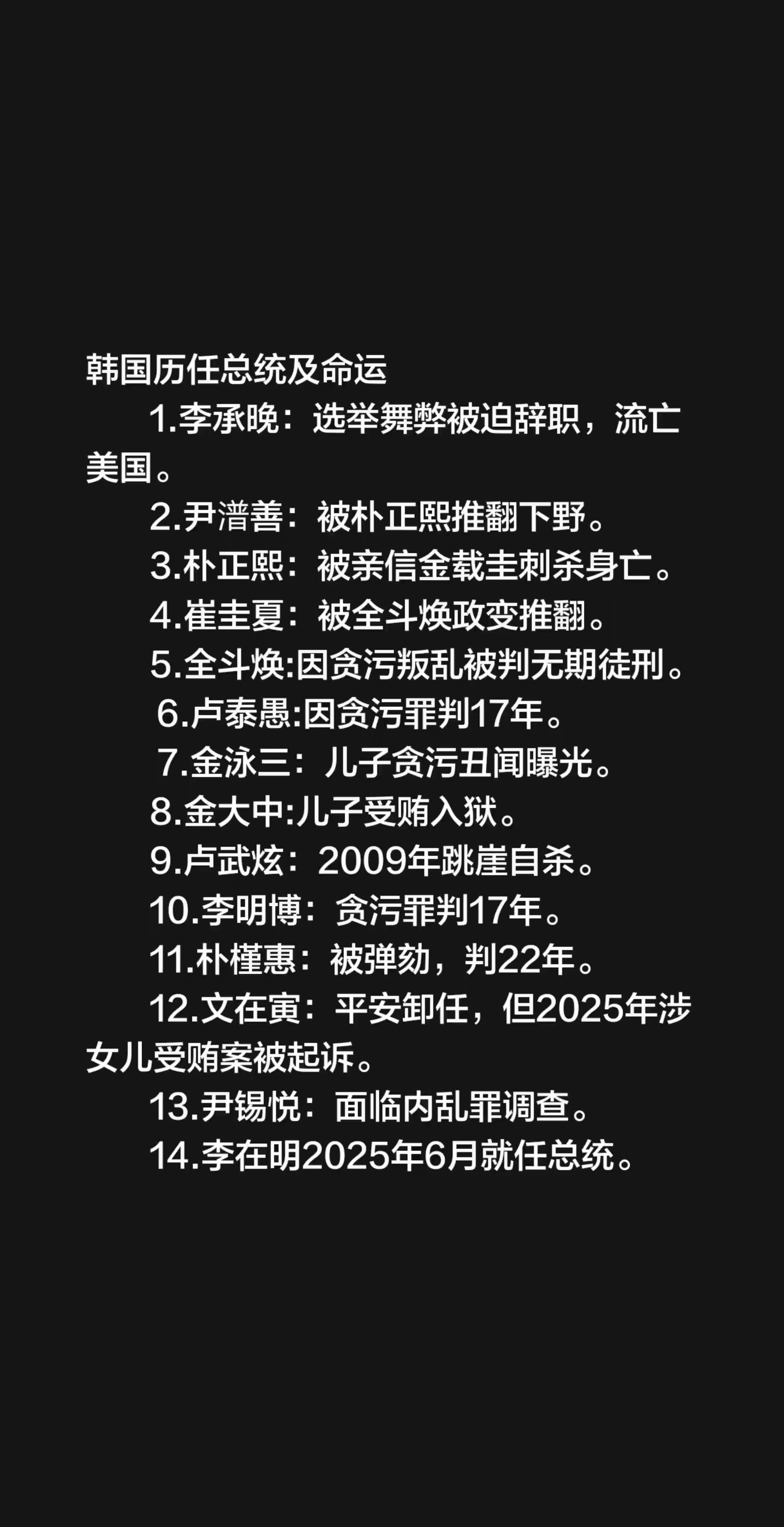 韩国历任总统及命运          1.李承晚：选举舞弊被迫辞职，流...