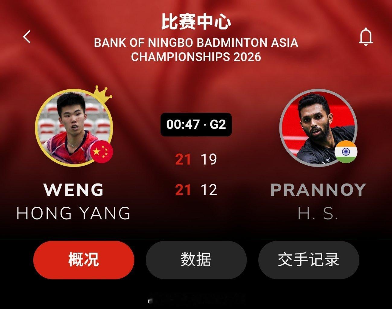 2026年亚洲羽毛球锦标赛 翁泓阳 21-19 21-12 普兰诺伊 