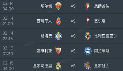 北京时间2月14日-15日凌晨，西甲第24轮的赛程安排出炉：

第一场04：00