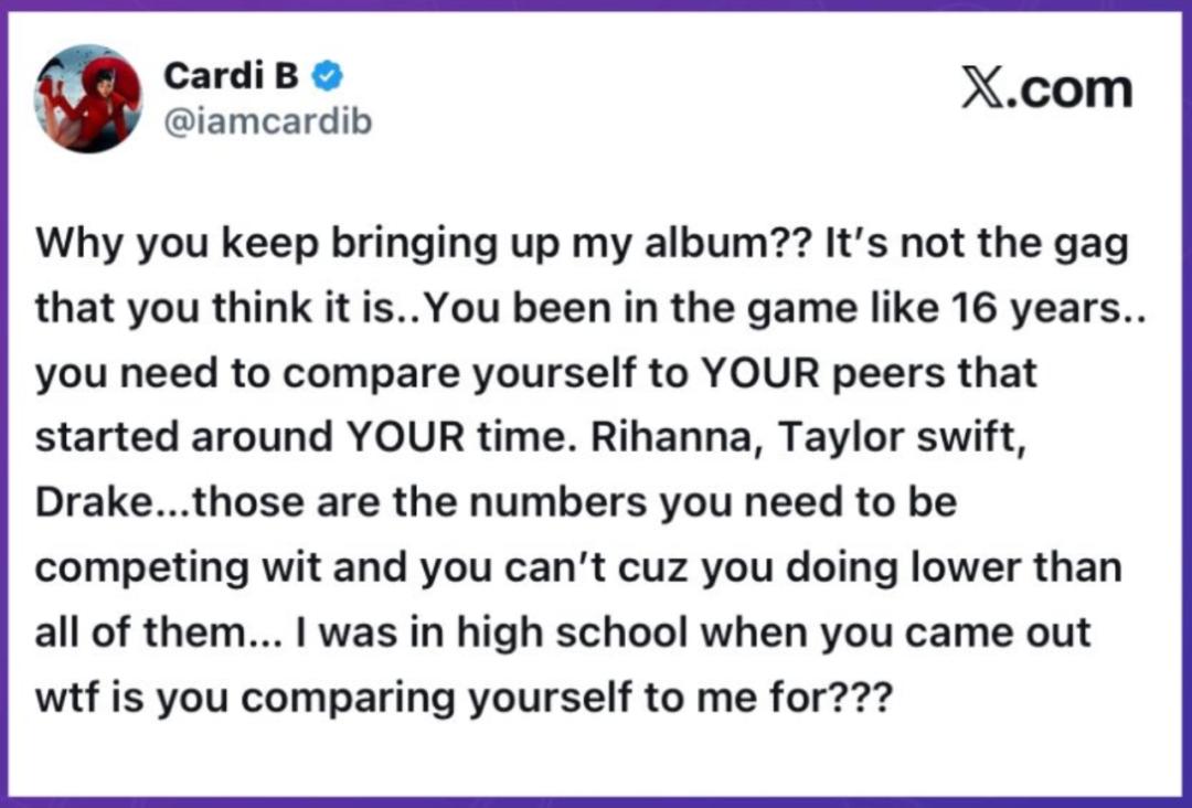Cardi B 发文是：“你为什么一直提起我的专辑？？这可不是你想的那种笑料……