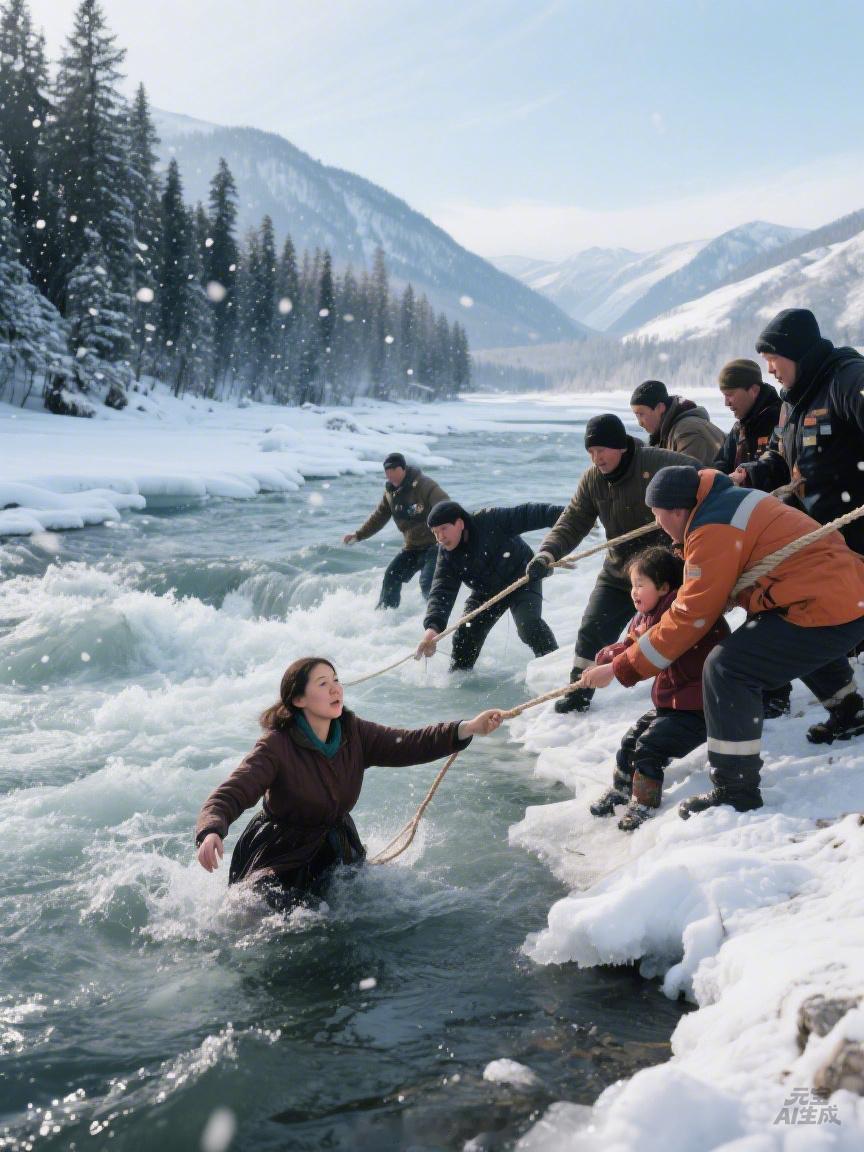 孩子坠入湍急冰河母亲急得也跳入情急之下情有可原，这是一个母亲的本能反应了！ 