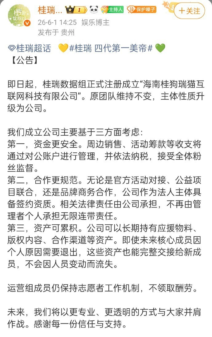 桂瑞数据组正式升级为“海南桂狗瑞猫互联网科技有限公司”，原团队保持志愿者本色，主