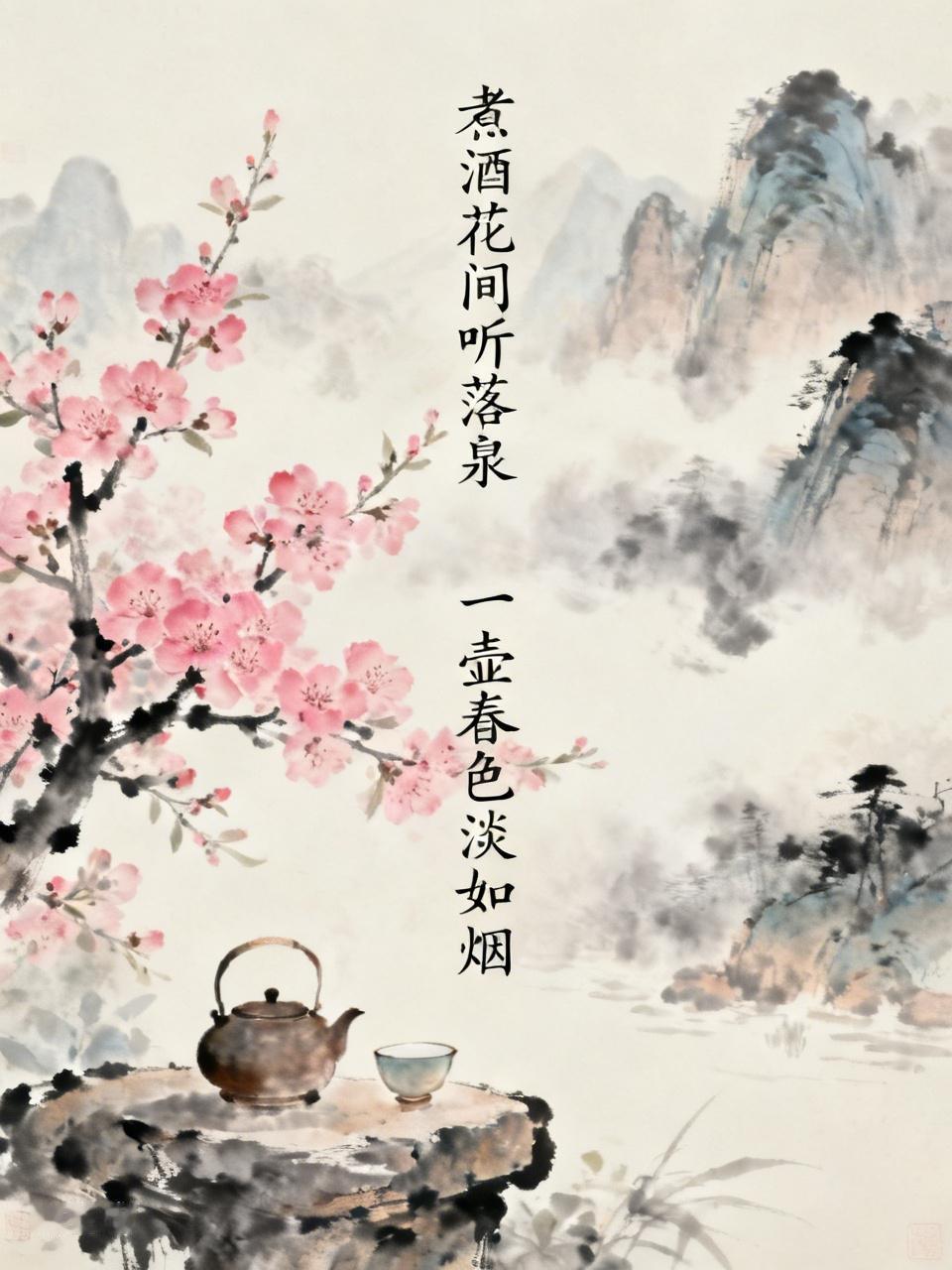 煮酒花间听落泉，
一壶春色淡如烟。
醉时不觉身何处，
醒来看云复唱歌。     