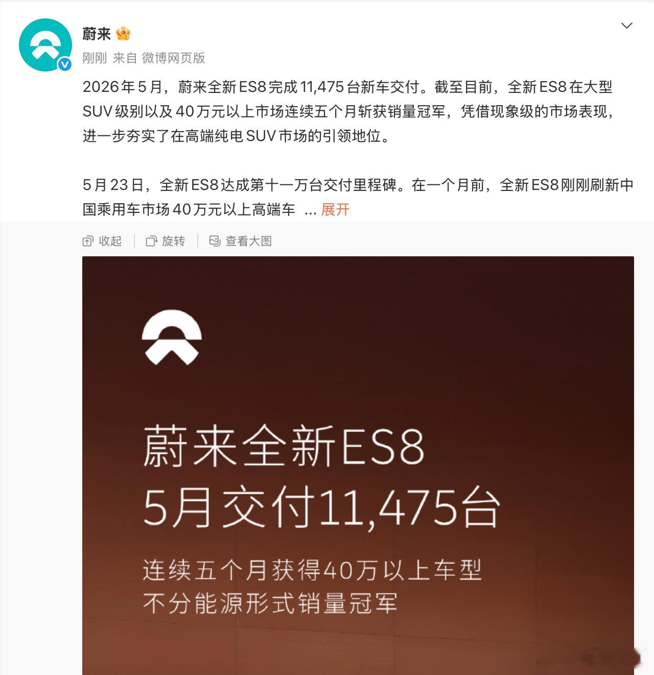 5月继续交付11475台，纯电之光，强劲持久，车圈奇迹，就是蔚来ES8！过去几年